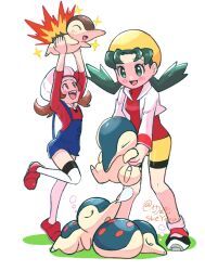 Rule 34 | 2girls, :d, alternate color, artist name, blue overalls, blush, brown eyes, brown hair, cropped jacket, cyndaquil, full body, gen 2 pokemon, green eyes, green hair, hat, highres, holding, holding pokemon, jacket, kris (pokemon), leg up, long sleeves, looking at another, lyra (pokemon), multiple girls, nintendo, open clothes, open jacket, open mouth, overalls, pokemon, pokemon (creature), pokemon gsc, pokemon hgss, red shirt, red shoes, sheyona, shiny pokemon, shirt, shoes, shorts, sleeping, smile, standing, standing on one leg, teeth, thighhighs, twintails, white background, white hat, white jacket, white thighhighs, yellow hat, yellow shorts