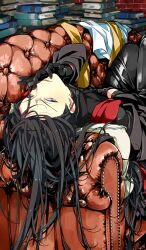 1boy bishounen black_gloves black_hair black_jacket black_pants black_shirt blue_eyes book book_stack brick_wall couch fate/grand_order fate_(series) gloves hand_to_own_mouth jacket kinako_(marubotan) long_hair long_sleeves looking_at_viewer lord_el-melloi_ii lying male_focus official_art on_back on_couch pants parted_lips pillow red_scarf scarf shirt solo v-shaped_eyebrows waver_velvet