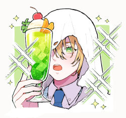 1boy blonde_hair blue_necktie blush cherry collared_shirt commentary_request cropped_shoulders cup diamond-shaped_pupils diamond_(shape) drink fingernails food fruit green_eyes hair_between_eyes holding holding_cup hood hood_up ice_cream kuhaha looking_at_food male_focus melon_soda necktie open_mouth orange_(fruit) orange_slice shirt solo symbol-shaped_pupils teeth tongue touken_ranbu upper_teeth_only white_hood white_shirt wing_collar yamanbagiri_kunihiro