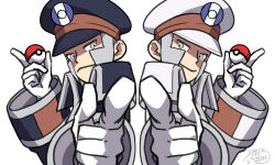 2boys black_coat black_hat brothers closed_mouth coat commentary_request emmet_(pokemon) gloves grey_eyes grey_hair hand_up hat high_collar highres holding holding_poke_ball ingo_(pokemon) long_sleeves male_focus multiple_boys nintendo peaked_cap pointing poke_ball poke_ball_(basic) pokemon pokemon_bw sasami_642 short_hair siblings sideburns signature smile upper_body white_background white_coat white_gloves white_hat