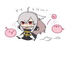 Rule 34 | 1girl, :3, ahoge, anger vein, angry, arch bishop (ragnarok online), black dress, black shoes, chibi, chibi only, cleavage cutout, clothing cutout, commentary request, cross, datenshi no fu, dress, full body, grey hair, head wings, high heels, highres, kicking, long hair, long sleeves, poring, pout, ragnarok online, red eyes, sash, shoes, simple background, slime (creature), solo, thighhighs, translation request, two-tone dress, v-shaped eyebrows, white background, white dress, white thighhighs, white wings, wings, x x, yellow sash