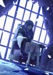 Rule 34 | 1girl, absurdres, artist name, black dress, blue bow, blue hair, blue light, blunt bangs, bow, chair, commentary, curtains, dress, empty eyes, english commentary, expressionless, frederica bernkastel, frilled dress, frilled sleeves, frills, highres, light particles, long hair, midorin 567, on chair, purple eyes, shards, shoes, sitting, socks, solo, twitter username, umineko no naku koro ni, white sleeves, white socks, wide sleeves, window