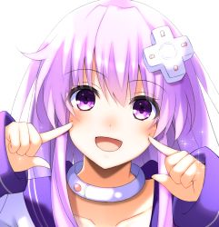 choujigen_game_neptune collar commentary_request d-pad d-pad_hair_ornament doria_(p_f_dolia) dress finger_to_cheek hair_between_eyes hair_ornament index_finger_raised long_hair long_sleeves looking_at_viewer nepgear neptune_(series) pointing pointing_at_self purple_eyes purple_hair sailor_dress sidelocks simple_background solo white_background