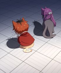 absurdres animal animalization black_hair cape cat fern_(sousou_no_frieren) highres j_humbo no_humans purple_hair red_cape red_hair short_hair sitting sousou_no_frieren standing stark_(sousou_no_frieren) tile_floor tiles watermark