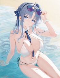 1girl absurdres alsace_(azur_lane) alsace_(heat_beating_summer_sacrament)_(azur_lane) aviator_sunglasses azur_lane beach between_breasts bikini blue_eyes blue_flower blue_hair blue_necktie breasts chinese_commentary cleavage commentary_request dated day eyewear_on_head flower hair_flower hair_ornament hair_spread_out highres large_breasts long_hair looking_at_viewer multi-strapped_bikini_bottom navel necktie necktie_between_breasts official_alternate_costume outdoors purple-tinted_eyewear sand side-tie_bikini_bottom sitting solo summer sunglasses swimsuit thigh_gap tinted_eyewear very_long_hair white_bikini yi_ming_lan_qu