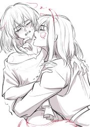 2girls absurdres animal_ears ascot aver_(yumenokessho) bang_dream! bang_dream!_it&#039;s_mygo!!!!! bite_mark bite_mark_on_neck bite_mark_on_shoulder bite_mark_on_stomach biting blush chinese_commentary clenched_teeth closed_eyes collarbone commentary_request crescent crescent_facial_mark dog_ears dog_girl dog_tail doloris_(bang_dream!) drawn_ears drawn_tail drooling dual_persona facial_mark greyscale hand_on_another&#039;s_neck hands_on_another&#039;s_shoulders hero45439083942 highres long_sleeves misumi_uika monochrome multiple_girls neck_biting nose_blush off_shoulder pain profile selfcest shirt short_sleeves simple_background t-shirt tail tears teeth twitching u_u white_background yumenokessho yuri
