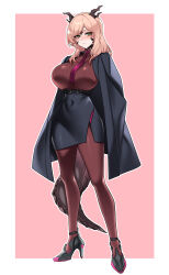 1girl absurdres arms_behind_back au_ra black_jacket black_shoes black_skirt blush breasts brown_hair brown_pantyhose brown_shirt closed_mouth commission dogs_(dlrkdejr26) dragon_horns dragon_tail eyebrows_hidden_by_hair final_fantasy final_fantasy_xiv full_body green_eyes high_heels highres horns jacket large_breasts looking_at_viewer medium_hair pantyhose scales shirt shoes skirt solo stiletto_heels tail warrior_of_light_(ff14)
