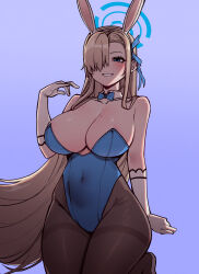 1girl 7a_(se7ena) animal_ear_hairband animal_ears asuna_(blue_archive) asuna_(bunny)_(blue_archive) asymmetrical_bangs bare_shoulders black_pantyhose blonde_hair blue_archive blue_background blue_bow blue_bowtie blue_eyes blue_halo blue_leotard blue_ribbon blush bow bowtie breasts cleavage collar collarbone commentary_request covered_navel cowboy_shot detached_collar elbow_gloves fake_animal_ears gloves gradient_background hair_over_one_eye hair_ribbon hairband halo hand_up highleg highleg_leotard highres large_breasts leotard long_hair looking_at_viewer mole mole_on_breast official_alternate_costume one_eye_covered pantyhose playboy_bunny rabbit_ear_hairband rabbit_ears ribbon smile solo strapless strapless_leotard thighband_pantyhose very_long_hair white_collar white_gloves white_hairband