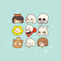 0725akaba :&gt; absurdres arrow_(symbol) bandana blue_background brown_hair chara_(undertale) character_request closed_eyes closed_mouth flower flowey_(undertale) food food_on_head frisk_(undertale) grin heart highres hot_dog object_on_head papyrus_(undertale) red_eyes sans_(undertale) simple_background skeleton smile toriel translation_request undertale yellow_flower |_|