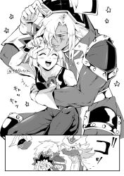 1girl 2boys anger_vein artist_name black_shirt card closed_eyes duel_monster fake_horns gloves greyscale helmet highres holding holding_card horned_helmet horns hug hug_from_behind mi_manu1950 monochrome multiple_boys muto_yugi open_mouth shirt silent_magician silent_swordsman simple_background smile white_background white_gloves yu-gi-oh!