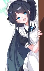 1girl :d absurdres apron aqua_halo aqua_ribbon aris_(blue_archive) aris_(maid)_(blue_archive) black_dress black_hair blue_archive blue_eyes collared_dress commentary dress frilled_apron frills gradient_hair halo high_ponytail highres long_hair looking_at_viewer maid maid_apron maid_headdress multicolored_hair neck_ribbon official_alternate_costume official_alternate_hairstyle open_mouth opening_door parted_bangs ponytail puffy_short_sleeves puffy_sleeves raised_eyebrows ribbon short_sleeves sidelocks smile solo tah_noey teeth upper_teeth_only very_long_hair white_apron white_background wooden_door