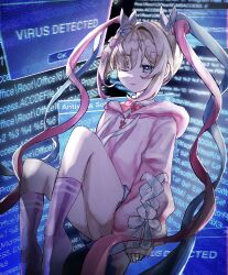 ankle_socks bare_legs blonde_hair blue_eyes blue_hair blue_screen_of_death bow cat_hair_ornament chouzetsusaikawa_tenshi-chan chouzetsusaikawa_tenshi-chan_(needy_girl_overdose_exhibition) convenient_leg dim_lighting error_message fellipoop floating full_body glitch hair_between_eyes hair_bow hair_ornament highres hood hoodie knees_up miniskirt multicolored_hair multiple_hair_bows needy_girl_overdose no_shoes one_eye_closed pink_hair pink_hoodie purple_socks quad_tails red_bow sidelocks skirt sleeves_past_wrists socks thighs virus window_(computing)