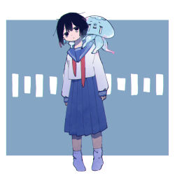 1girl black_eyes black_hair blue_background blue_sailor_collar blue_skirt border commentary crying crying_with_eyes_open full_body head_tilt highres jellyfish long_sleeves looking_at_viewer mamei_mema neckerchief no_shoes original outside_border pleated_skirt red_neckerchief sailor_collar sailor_shirt school_uniform serafuku shirt short_hair skirt sleeves_past_wrists socks solo standing t_t tears undone_neckerchief white_border white_shirt white_socks