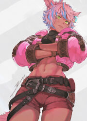 1girl animal_ears belt black_belt blue_hair brown_shorts cat_ears cat_girl cat_tail closed_mouth cowboy_shot dark-skinned_female dark_skin final_fantasy final_fantasy_xiv green_eyes highres jacket looking_at_viewer mugi_kosuta muscular muscular_female navel pink_hair pink_jacket shorts smile solo tail yaana_(ff14)