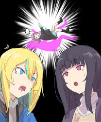 Rule 34 | ..., 3girls, absurdres, black boots, black hair, black shirt, blonde hair, blue eyes, boots, commentary, english commentary, green eyes, green hair, highres, long hair, medium hair, multicolored hair, multiple girls, mutsuki (mutsuki0110), one side up, open mouth, pink hair, purple eyes, shirt, spoken ellipsis, streaked hair, sweatdrop, takanashi kim anouk mei, watase kiui, yamanouchi kano, yoru no kurage wa oyogenai