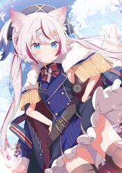 Rule 34 | 1girl, absurdres, animal ear fluff, animal ears, belt, blue eyes, cloud, coat, coat on shoulders, commission, dress, epaulettes, fox ears, fox girl, fox tail, hair ornament, hands on own hips, hat, highres, jacket, jacket on shoulders, long hair, looking at viewer, mishio molf, multicolored hair, pink hair, red hair, shiro9jira, skeb commission, sky, sleeveless, smile, smug, solo, streaked hair, tail, thighhighs, twintails, varium, virtual youtuber, white hair, x hair ornament
