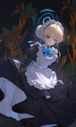 1girl absurdres apron black_dress blonde_hair blue_archive blue_eyes blush dress expressionless hair_between_eyes hair_bun highres looking_at_viewer maid maid_apron maid_headdress reiami skirt_hold solo toki_(blue_archive) white_apron