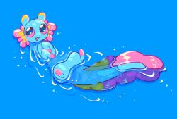 Rule 34 | :3, afloat, axolotl, axolotl ears, axolotl tail, blue background, blue fur, commentary, creature, english commentary, highres, looking up, monster, open mouth, pink eyes, pink fur, rain world, rivulet (rain world), skittyplush, slugcat, swimming, three-toned fur, yellow fur
