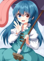 Rule 34 | 1girl, :d, \||/, alternate hair length, alternate hairstyle, blue eyes, blue hair, blue skirt, blue vest, blush, commentary, cowboy shot, heterochromia, highres, holding, holding umbrella, juliet sleeves, karakasa obake, long hair, long sleeves, looking at viewer, open mouth, puffy sleeves, purple umbrella, red eyes, ruu (tksymkw), shirt, skirt, skirt set, smile, solo, tatara kogasa, touhou, umbrella, vest, white shirt