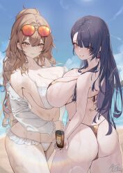 2girls absurdres annasui_factory artist_name ass azur_lane back bare_shoulders beach bikini blonde_hair blue_sky blush bottle breasts cleavage collarbone commentary day earrings english_commentary eyewear_on_head frilled_bikini frills from_behind gold_bikini hair_between_eyes hand_on_another&#039;s_back highres holding holding_bottle jewelry large_breasts lens_flare lion_(azur_lane) lion_(the_reclining_dandelion)_(azur_lane) long_hair looking_at_viewer looking_back lotion_bottle mole mole_on_breast mole_under_mouth multiple_girls navel ocean off_shoulder official_alternate_costume open_mouth outdoors paid_reward_available purple_hair round_eyewear sideboob single_earring sky smile standing stomach string_bikini sunlight swimsuit thighs thong_bikini tinted_eyewear trafalgar_(azur_lane) trafalgar_(sea_breeze_moonlit_talks)_(azur_lane) turning_head very_long_hair white_bikini yellow_eyes