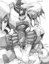 Rule 34 | 1boy, 1girl, banpresto, blush, breasts, character request, clenched teeth, cum, cum in pussy, cum on body, cum on lower body, cum overflow, greyscale, happy sex, hetero, large breasts, leg grab, mecha, mecha on girl, mechaphilia, monochrome, nude, object insertion, penis, ratbat, robot, sex, simple background, size difference, super robot wars, sweat, teeth, text focus, thrudgelmir, uncensored, vaginal, vaginal object insertion, white background