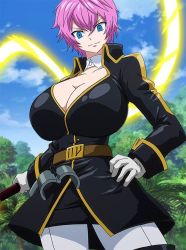 1girl blue_eyes breasts cleavage coat collarbone energy_whip fairy_tail gloves hand_on_own_hip huge_breasts looking_at_viewer pink_hair red_wizard_(artist) short_hair sky smile solo third-party_edit tree virgo_(fairy_tail) white_gloves