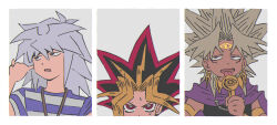 3boys black_hair blonde_hair brown_hair buib_(mekako_chan) dark-skinned_male dark_skin ear_cleaning grey_hair highres licking looking_to_the_side male_focus millennium_rod multicolored_hair multiple_boys purple_eyes red_eyes red_hair simple_background spiked_hair sweatdrop upper_body white_background yami_bakura yami_marik yami_yugi yu-gi-oh! yu-gi-oh!_duel_monsters