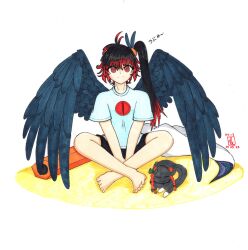 1girl adapted_costume alternate_hairstyle arm_cannon barefoot bird_wings black_hair black_wings cape casual closed_mouth colored_tips commentary crossed_legs dated english_commentary full_body highres kaenbyou_rin kaenbyou_rin_(cat) long_hair looking_at_viewer multicolored_hair one_side_up ponytail radiation_symbol-shaped_pupils red_eyes red_hair reiuji_utsuho shirt signature sitting streaked_hair symbol-shaped_pupils thatkirisame third_eye touhou translation_request weapon white_cape white_shirt wings