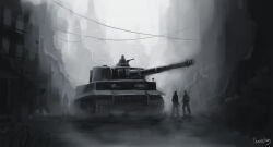 4boys building greyscale highres military military_vehicle monochrome motor_vehicle multiple_boys original people road scenery soldier street tank tiger_i vehicle_focus weapon weapon_on_back youotaku