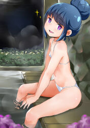 1girl absurdres bikini highres loli looking_at_viewer micro_bikini monomono navel night onsen open_mouth partially_submerged shima_rin smile solo stomach swimsuit white_bikini yurucamp