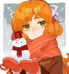 Rule 34 | 1girl, alternate costume, border, bow, brown coat, brown hairband, coat, freckles, green eyes, grey background, hair bow, hairband, hamelon310, highres, ishmael (project moon), limbus company, long hair, looking at viewer, mittens, orange hair, project moon, red mittens, red scarf, scarf, simple background, snowman, solo, upper body, white border, white bow