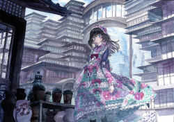 1girl architecture black_hair blue_eyes blush bow building cloud day dress east_asian_architecture feet_out_of_frame floral_print flower frilled_dress frills hairband highres japanese_clothes kimono kimono_dress kyuui lolita_fashion long_hair long_sleeves looking_at_viewer original outdoors painting_(medium) plant potted_plant scenery sky solo standing traditional_media watercolor_(medium)