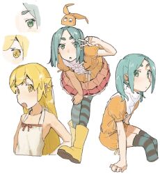 Rule 34 | 2girls, aqua hair, aqua thighhighs, bare shoulders, blonde hair, blush, boots, collarbone, dress, googly eyes, green eyes, hikimayu, ichisannyonn, long hair, looking at viewer, monogatari (series), multiple girls, ononoki yotsugi, orange dress, oshino shinobu, rubber boots, short eyebrows, short twintails, simple background, sitting, striped clothes, thick eyebrows, thighhighs, twintails, v, v over eye, white background, yellow boots, yellow eyes