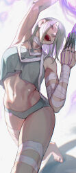 Rule 34 | 1girl, a.k.i. (street fighter), absurdres, claw (weapon), claw ring, colored eyelashes, commentary, english commentary, gootai, highres, mole, mole under mouth, official alternate costume, open mouth, red eyes, solo, street fighter, street fighter 6, weapon, white hair