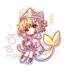 1girl animal_hair_ornament animal_hands animal_hat bilibili_385617619 blonde_hair blush bow buttons cat cat_hat cat_paws chibi chinese_commentary coat commentary_request fins fish_tail full_body hair_bow hat heterochromia indie_virtual_youtuber kaofish looking_at_viewer pink_coat red_eyes signature sleeves_past_fingers sleeves_past_wrists socks tail white_socks yellow_eyes