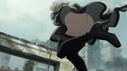 1boy 1girl 2b_(nier:automata) 9s_(nier:automata) animated anime_screenshot ass ass_focus black_dress black_short black_thighhighs blindfold dress from_behind highres huge_ass legs leotard leotard_under_clothes nier:automata nier:automata_ver1.1a nier_(series) pleated_skirt running ryona short_hair shorts skirt sound square_enix sword tagme thighhighs thighs thong_leotard upskirt video weapon white_hair