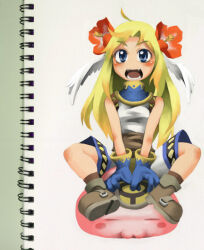 1girl :3 blonde_hair blue_eyes blue_gloves blush boots brown_boots brown_socks commentary_request flower full_body gloves hair_flower hair_ornament hibiscus long_hair looking_at_viewer open_mouth poring ragnarok_online red_flower shirt shorts sitting sketchbook sleeveless sleeveless_shirt slime_(creature) smile socks solo super_novice_(ragnarok_online) teeth turtleneck turtleneck_shirt white_shirt white_shorts yohe
