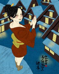 1girl absurdres artist_logo black_hair brown_eyes commentary english_commentary from_behind full_body gifu_prefecture hair_ornament hair_stick highres house japanese_clothes kimono logo looking_at_viewer looking_back obi open_mouth original own_hands_together red_kimono sash sei5osuzuki snow solo standing teeth upper_teeth_only winter yellow_sash