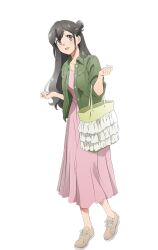 1girl bag black_hair blue_eyes brown_eyes dress full_body green_jacket jacket long_hair looking_at_viewer mitou_miori official_art open_clothes open_jacket open_mouth pink_dress seishun_buta_yarou shoes smile sneakers solo transparent_background very_long_hair