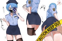 Rule 34 | 1girl, absurdres, anger vein, ass, caution tape, commentary, cuffs, english commentary, female service cap, grabbing another&#039;s ass, groping, handcuffs, hat, highres, holding, holding handcuffs, hololive, hoshimachi suisei, keep out, key, pencil skirt, police, police badge, police hat, police uniform, policewoman, pov, pov hands, skirt, thighhighs, translation request, virgo76612871, virtual youtuber