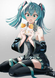 1girl absurdres alternate_hair_length alternate_hairstyle aqua_hair aqua_nails aqua_necktie black_footwear black_thighhighs blunt_ends blush commentary_request crossed_bangs detached_sleeves eating facing_viewer food food_on_face gradient_background green_eyes hash_browns hatsune_miku highres holding holding_food hxk4_n long_hair looking_at_food mcdonald&#039;s nail_polish necktie sitting skirt solo thighhighs twintails unworn_necktie vocaloid wariza zettai_ryouiki