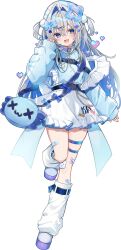 Rule 34 | 1girl, :3, :d, alternate costume, amane kanata, apron, bag, bandaid, bandaid on knee, bandaid on leg, blue eyes, blue hair, blue jacket, c10h14n2, character bag, chest harness, colored inner hair, colored shoe soles, commentary, crossed bangs, double-parted bangs, frilled apron, frills, full body, grey hair, hair between eyes, hair intakes, hair ornament, hairclip, hand up, harness, highres, hololive, jacket, jersey maid, leg warmers, long hair, looking at viewer, maid, maid headdress, multicolored hair, open mouth, platform shoes, pom pom (clothes), pom pom hair ornament, shoes, shoulder bag, sidelocks, simple background, sleeves past wrists, smile, solo, star (symbol), star hair ornament, strap slip, symbol-only commentary, tachi-e, thigh strap, track jacket, turtleneck, turtleneck jacket, two side up, unconventional maid, upao (amane kanata), virtual youtuber, white apron, white background, white leg warmers, white shoes