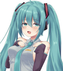 1girl :d ahoge arm_tattoo bare_shoulders blush breast_suppress breasts collared_shirt commentary detached_sleeves eyelashes eyes_visible_through_hair fang green_eyes green_hair grey_shirt hair_between_eyes hatsune_miku long_hair looking_at_viewer medium_breasts number_tattoo open_mouth shirt sidelocks simple_background sleeveless sleeveless_shirt sleeves_past_wrists smile solo tattoo tsurime twintails upper_body very_long_hair vocaloid white_background wide_sleeves yuunagi_(yunagi1373)