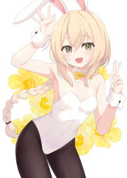 1girl animal_ears arm_up black_pantyhose blonde_hair bow bowtie braid braided_ponytail breasts brown_eyes collar cowboy_shot detached_collar fake_animal_ears floral_background flower flower_request furutori hair_between_eyes highres leaning_forward leotard long_hair looking_at_viewer open_mouth original pantyhose playboy_bunny ponytail rabbit_ears sidelocks small_breasts smile solo v very_long_hair white_background white_collar white_leotard white_wrist_cuffs wrist_cuffs yellow_bow yellow_bowtie yellow_flower