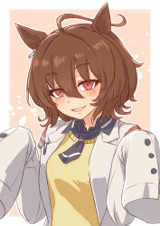 1girl absurdres agnes_tachyon_(umamusume) ahoge ameneko_kuro animal_ears blue_necktie blush border brown_hair commentary hair_between_eyes hands_up highres horse_ears horse_girl long_sleeves looking_at_viewer necktie open_clothes open_mouth open_shirt orange_background outline outside_border shirt short_hair short_necktie sleeves_past_fingers sleeves_past_wrists smile solo sweater umamusume upper_body white_border white_outline white_shirt yellow_sweater