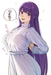 2girls arms_behind_back ass black_bra black_panties blunt_bangs blush bra breasts closed_eyes closed_mouth curvy dress eyebrows_hidden_by_hair fern_(sousou_no_frieren) frieren heart highres large_breasts long_hair long_sleeves looking_at_viewer multiple_girls open_mouth panties purple_eyes purple_hair smile sousou_no_frieren speech_bubble standing sweat teeth tongue turtleneck turtleneck_dress underwear upper_teeth_only very_long_hair white_background white_dress white_hair yami_anko