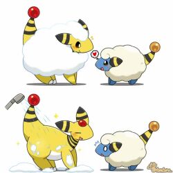 ampharos animated bath bathing bubble closed_eyes creatures_(company) fluffy full_body game_freak gen_2_pokemon mareep nintendo no_humans open_mouth pokemon pokemon_(creature) simple_background smile standing tagme tail taro_(tontaro) video