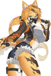 1girl animal_ear_fluff animal_ears arched_back arm_behind_back arm_up ass asymmetrical_bangs bandaged_arm bandages bare_shoulders belt black_belt black_choker black_eyeliner black_fur black_gloves black_hair black_hairband black_mask black_sleeves black_streaks black_stripes black_tail black_vest blonde_hair blue_shorts body_fur breasts cat_ears cat_girl cat_tail chest_fur choker clenched_hand commentary covered_mouth cowboy_shot crop_top cropped_shirt cross-laced_clothes cross-laced_sleeves curled_tail curtained_hair denim denim_shorts detached_sleeves english_commentary eyeliner facial_mark fingerless_gloves fingernails floating_hair forehead_mark from_below from_side furry furry_female gloves green_eyes hair_flaps hairband half-closed_eyes hand_on_own_chin head_tilt highres karassawa large_breasts leaning_forward legs_apart long_fingernails long_hair long_sleeves looking_at_viewer looking_down looking_to_the_side makeup mark_under_both_eyes mask midriff mouth_mask multicolored_fur multicolored_hair multicolored_tail narrowed_eyes navel o-ring o-ring_thigh_strap open_clothes open_hand open_vest orange_fur orange_nails orange_sleeves parted_bangs parted_hair ponytail pouch print_sleeves pulchra_fellini raised_eyebrows raised_inner_eyebrows red_trim shirt short_shorts shorts sidelocks sleeveless sleeveless_shirt sleeveless_vest slit_pupils solo spiked_gloves spiked_hair spiked_hairband spikes standing stomach streaked_hair striped_fur striped_tail tail tail_raised taut_clothes taut_shirt thigh_pouch thigh_strap thighs tiger_stripes tight_clothes tight_shirt torn_clothes torn_shorts triangle triangle_facial_mark tsurime turning_head two-tone_sleeves very_long_hair vest white_fur white_hair white_shirt zenless_zone_zero