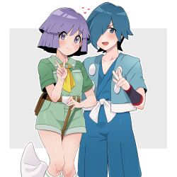 1boy 1girl :d belt blush border brown_belt bugsy_(pokemon) butterfly_net closed_mouth commentary_request falkner_(pokemon) green_shirt green_shorts grey_background hand_net heart highres holding jacket kneehighs knees nintendo open_clothes open_jacket open_mouth pokemon pokemon_hgss purple_eyes purple_hair sana_(37pisana) shirt short_hair short_sleeves shorts smile socks sweatdrop white_border white_socks