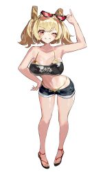 1girl ;d absurdres adjusting_eyewear alternate_costume bikini bikini_under_clothes black-framed_eyewear black_sandals black_shorts black_tube_top blonde_hair breasts burnice_white eyewear_on_head full_body gold_bikini grin hair_ornament hand_on_own_hip hashtag-only_commentary highres large_breasts looking_at_viewer medium_hair one_eye_closed open_fly open_mouth ppangchil red-tinted_eyewear red_eyes sandals short_shorts shorts simple_background smile solo strapless sunglasses swimsuit tachi-e tinted_eyewear tube_top twintails white_background zenless_zone_zero